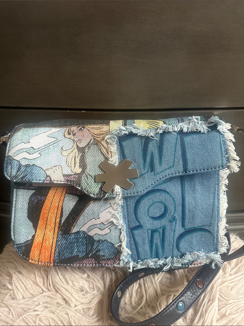 Desigual Blue Denim Patchwork Crossbody with Graphic Panel
